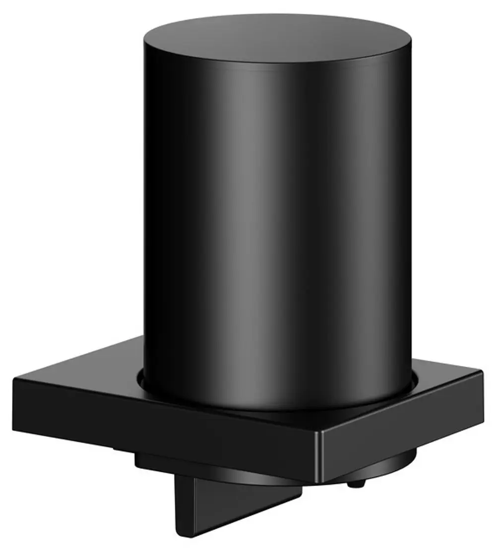 Schwarzer, zylindrischer Spender mit quadratischer Basis, hergestellt von Keuco. Das Design ist schlicht und funktional, geeignet für die Aufbewahrung von Flüssigkeiten.